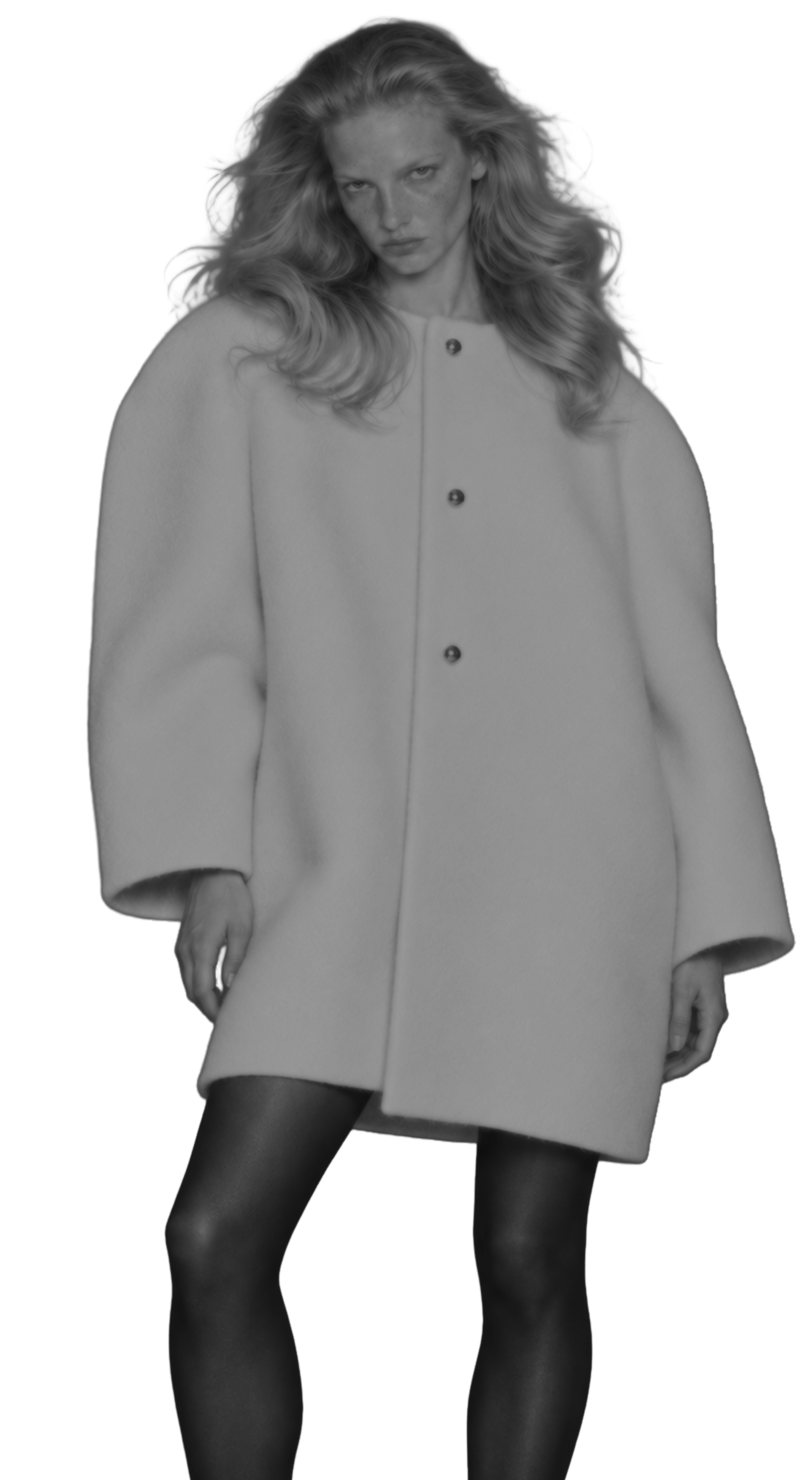 Black and white portrait of Mara Solca in a coat